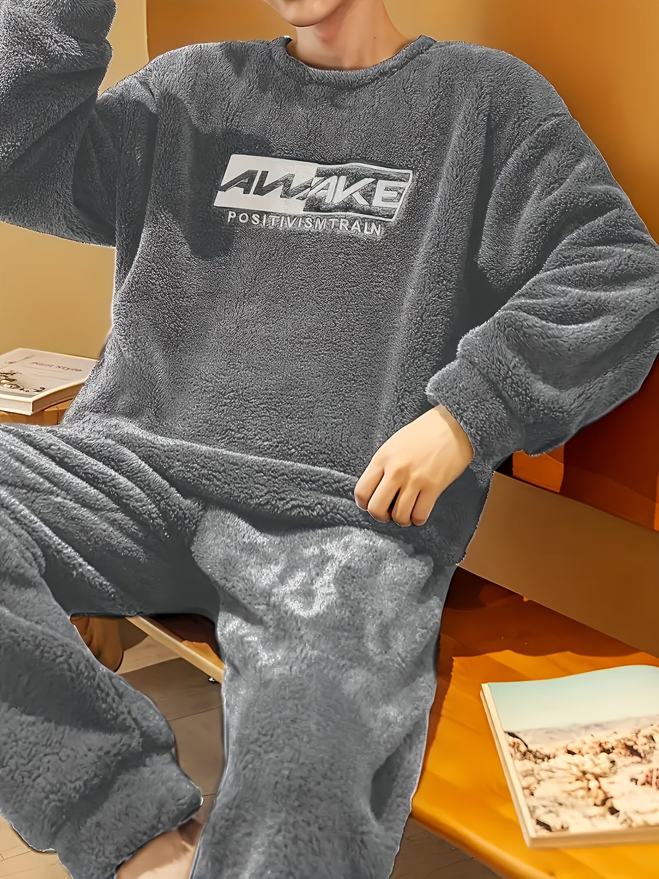 Men's Casual Pajama Set with Flannel Hoodie Top and Loose Pants for Fall Winter