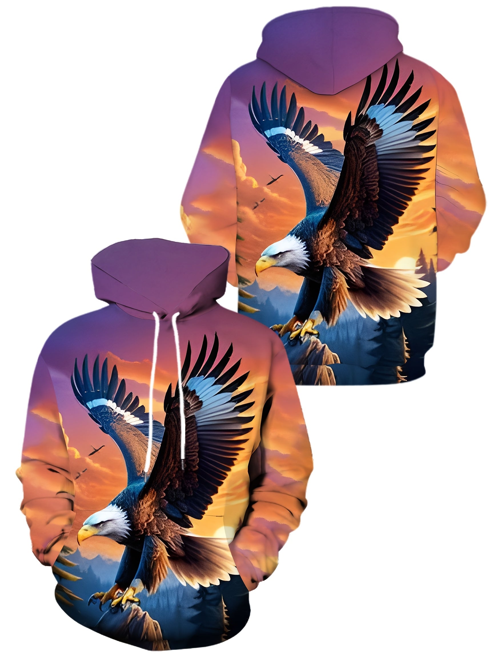 Plus Size Men's Eagle Graphic Print Hoodie with Kangaroo Pocket Casual Outerwear