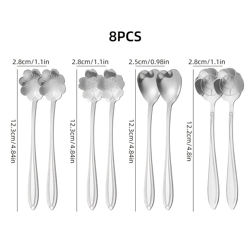 Set of 8 Stainless Steel Coffee Spoons with Flower Pattern for Coffee and Dessert