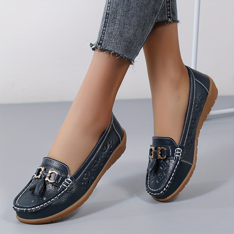 Women's Embroidery Loafers with Metal Tassel Hollow Out Soft Platform Shoes