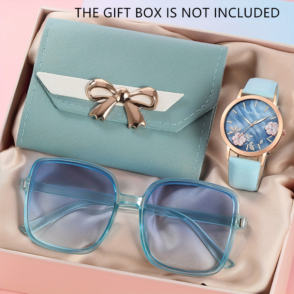 Ayollar uchun kvarts soat va moda ko‘zoynaklar to‘plami, bukletli hamyon va sun’iy charm bilan ta’minlangan strap