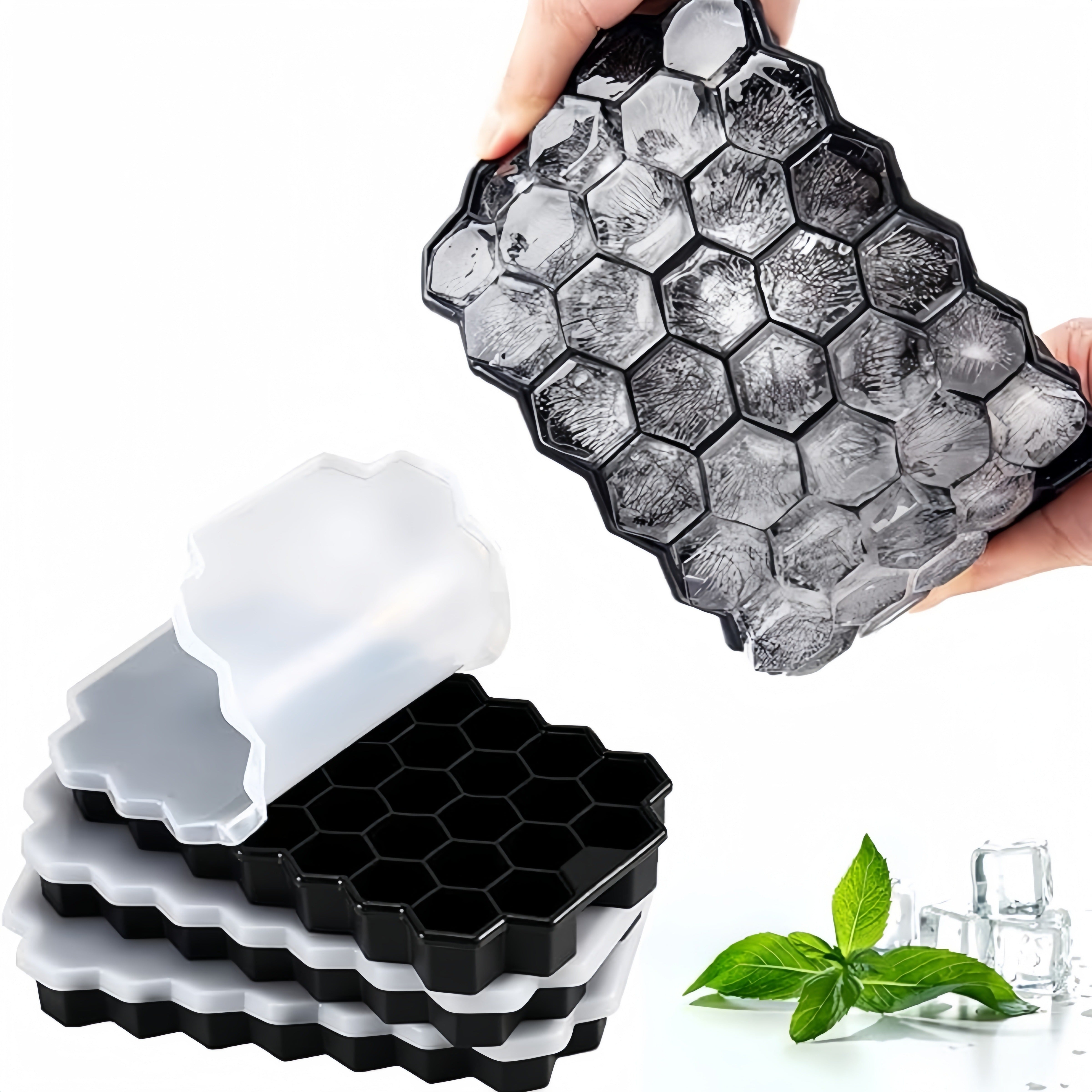 Silicone Ice Cube Tray with Lid 37 Hexagonal Cubes Stackable for Whiskey Cocktails