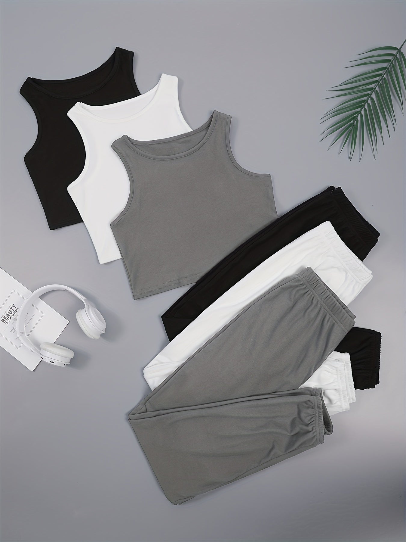 Women's Solid Color Sleepwear Sets Vest and Shorts Pajama 3-Piece Micro Elastic Polyester