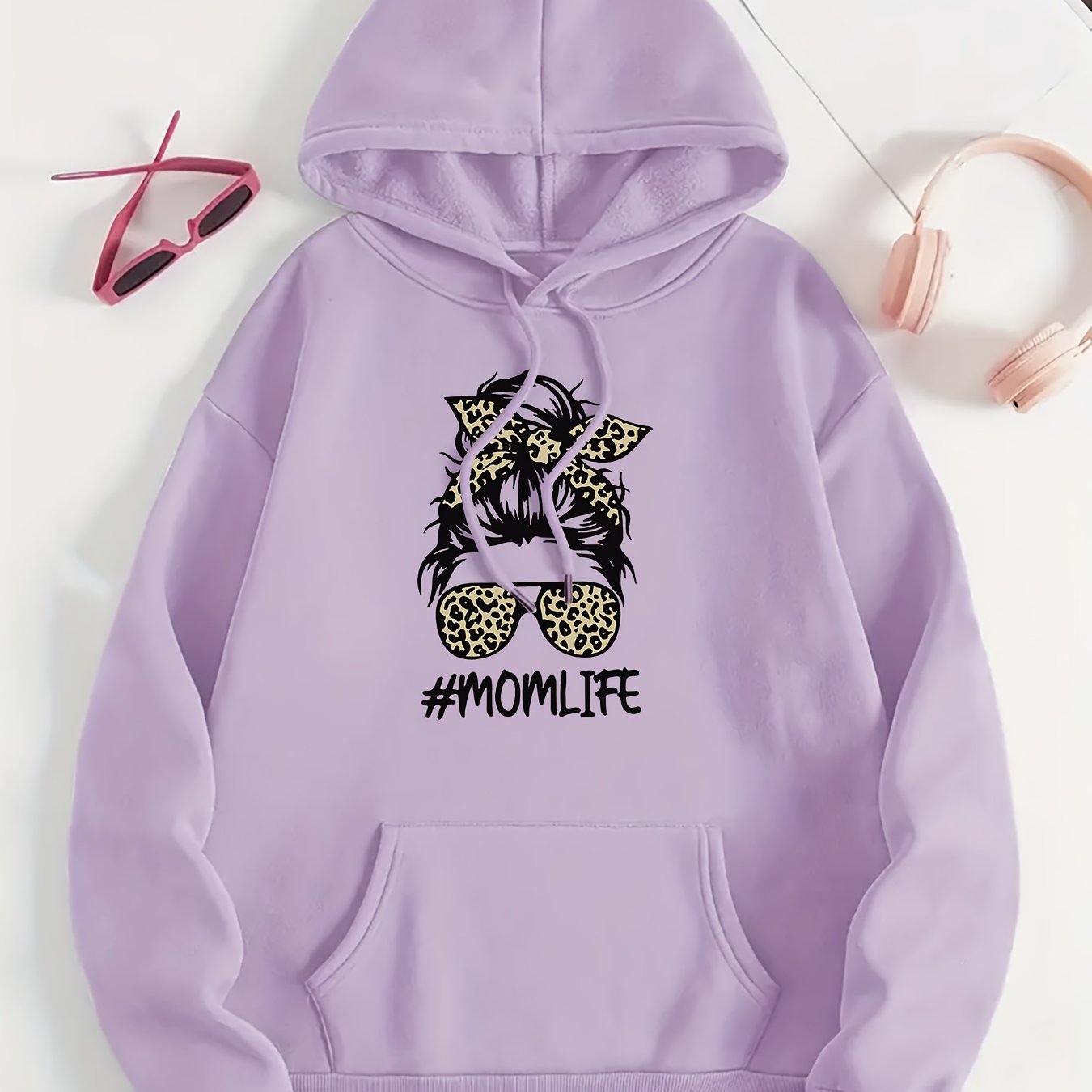 Women's Fleece Hoodie with Leopard Print Bow and Graphic Ivory Sweater