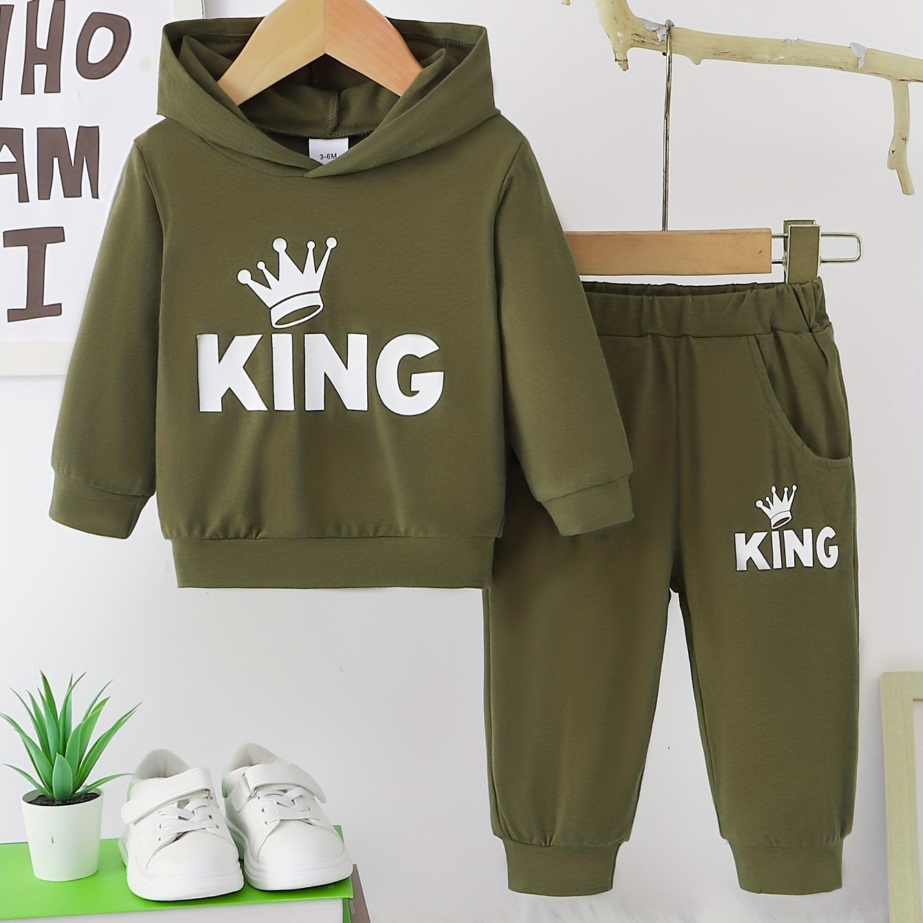 Baby Boy's Casual Outfit Set Cotton Hooded Sweatshirt and Pants with KING Print
