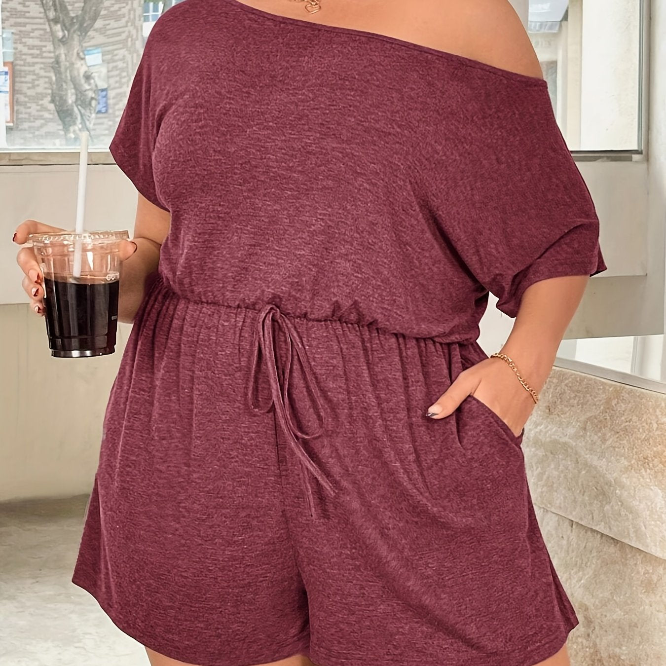Women's Maroon Off-Shoulder Jumpsuit with Pockets Short Sleeve Romper