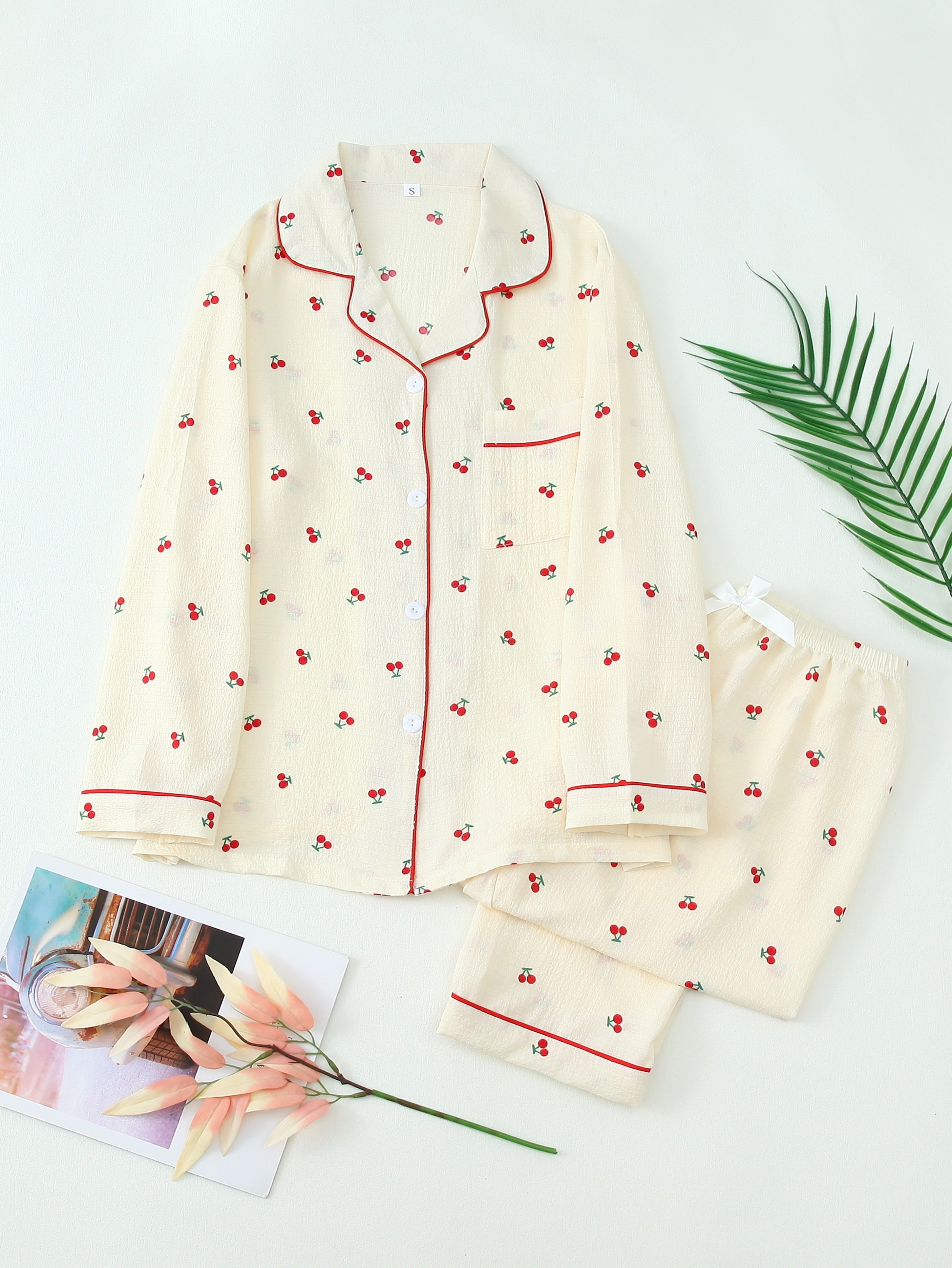 Women's Cherry Print Pajama Set Long Sleeve Top and Pants All-Season Polyester