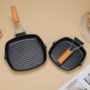 Cast Iron Skillet Non-Stick Grill Pan with Wooden Handle Oven Safe for Stoves