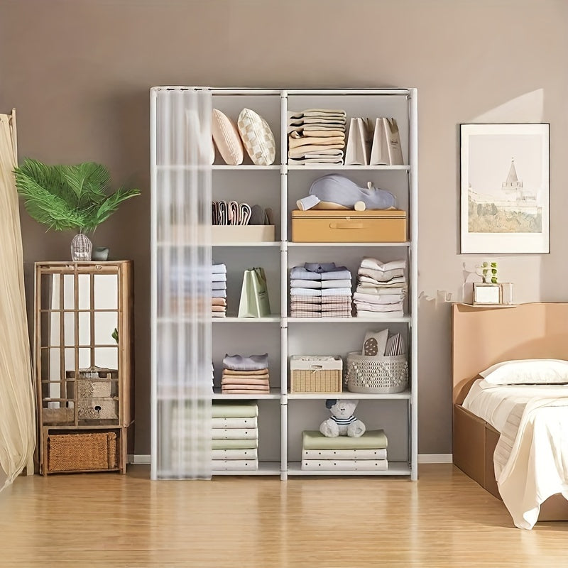 White Wardrobe with 6 Shelves and Coat Rack for Bedroom and Living Room Storage