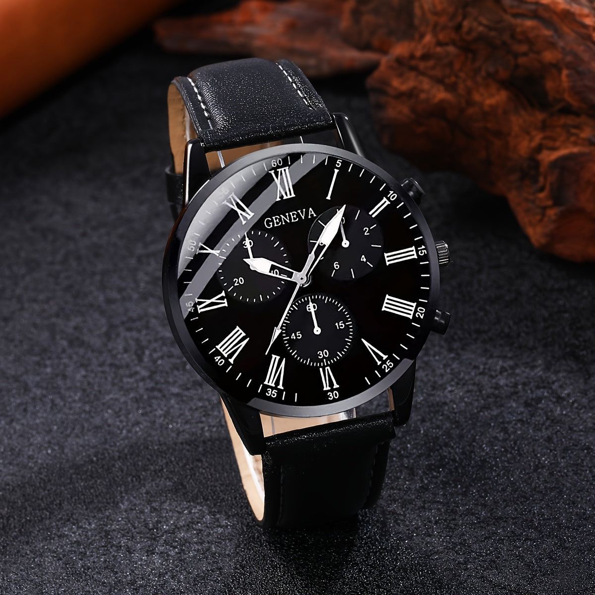 Men's Quartz Watch Set with Black Faux Leather Strap and Four Bracelets