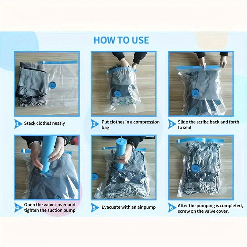 Kiyimlar va yotoqxona uchun 6 ta vakuum saqlash sumkasi va qo'l pompasi to'plami