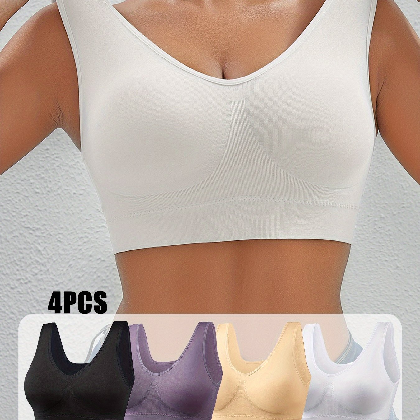 Plus-Size Wireless Sports Bra Seamless Push-Up Yoga Running Compression Black Purple Beige White