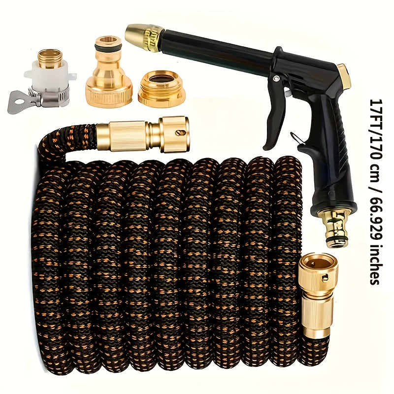 Yuqori bosimli purkagich bilan mustahkam kengaytiriladigan bog‘ hose, o‘rmon parvarishi va avtomobil yuvish uchun ideal, sozlanadigan nozzle va qo‘shimcha ulanishlar bilan birga.