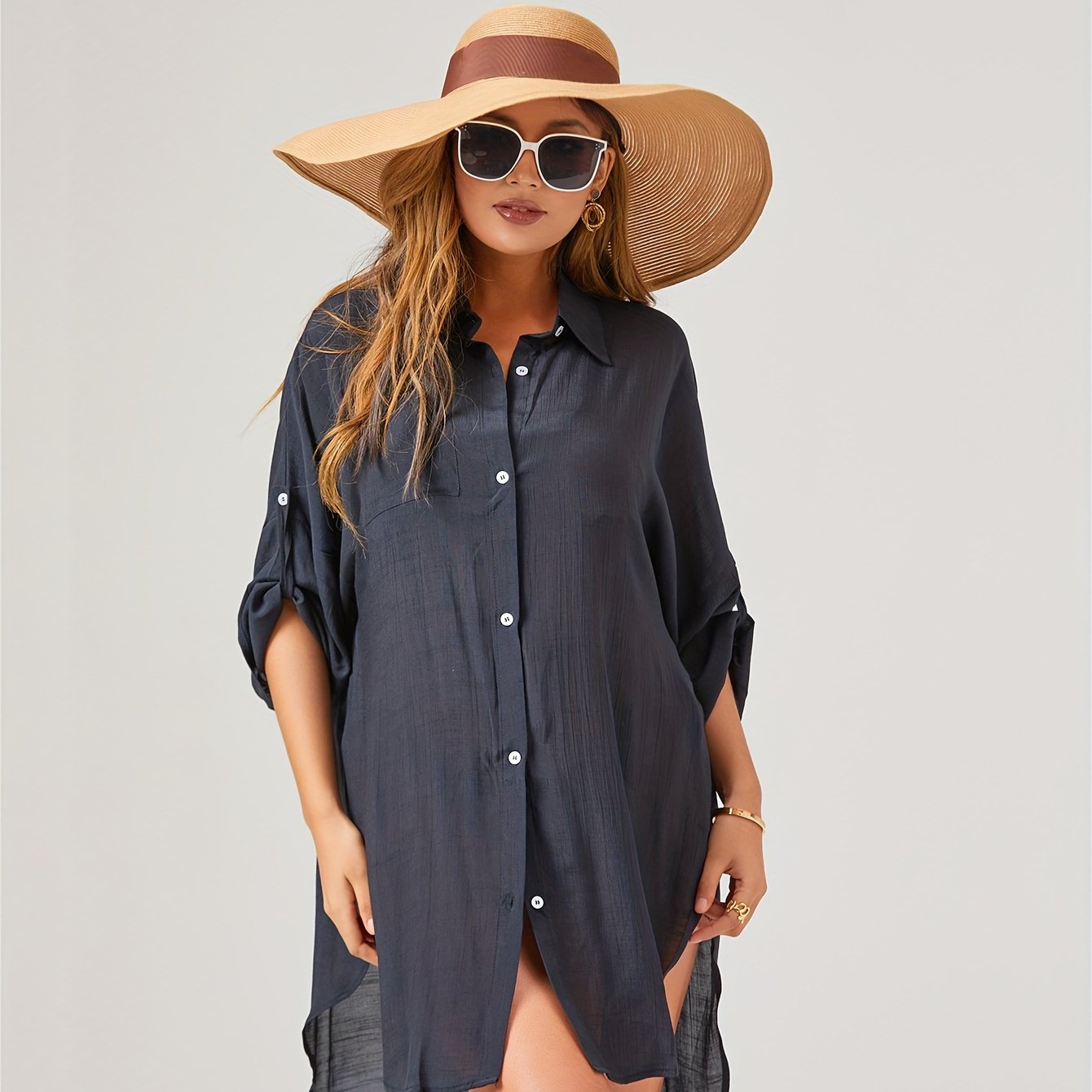 Women's Plus Size V-Neck Long Sleeve Sun Protective Beach Cover-Up