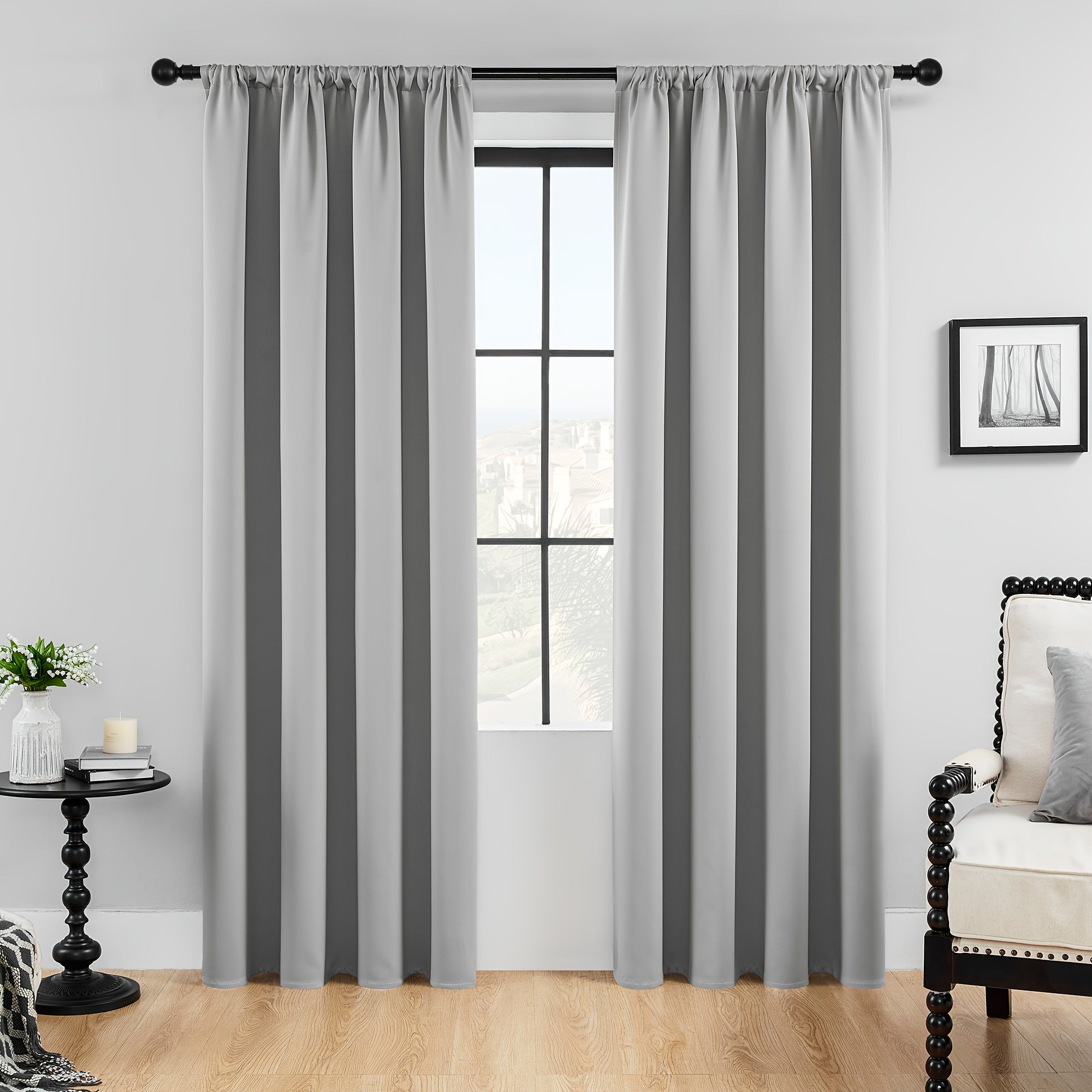 Blackout Curtains 2 Panels Polyester Blend Indoor Outdoor Heat Insulation Modern Black