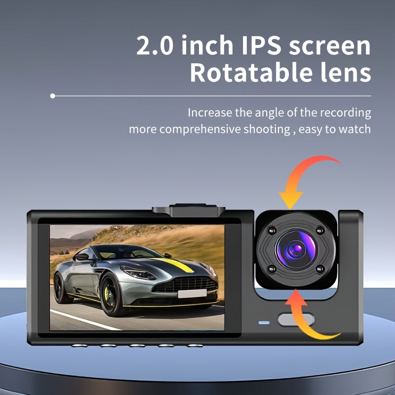 Car Dash Cam 1080P 3-Channel Night Vision Wide Angle Loop Recording Black