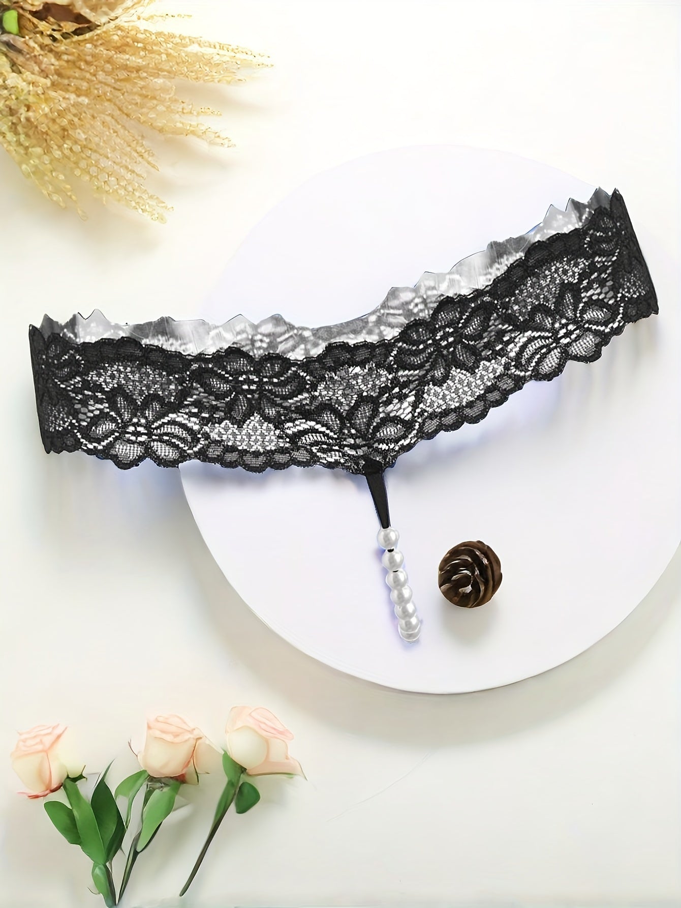 Women's Elastic Lace Beaded Thong Panties Underwear