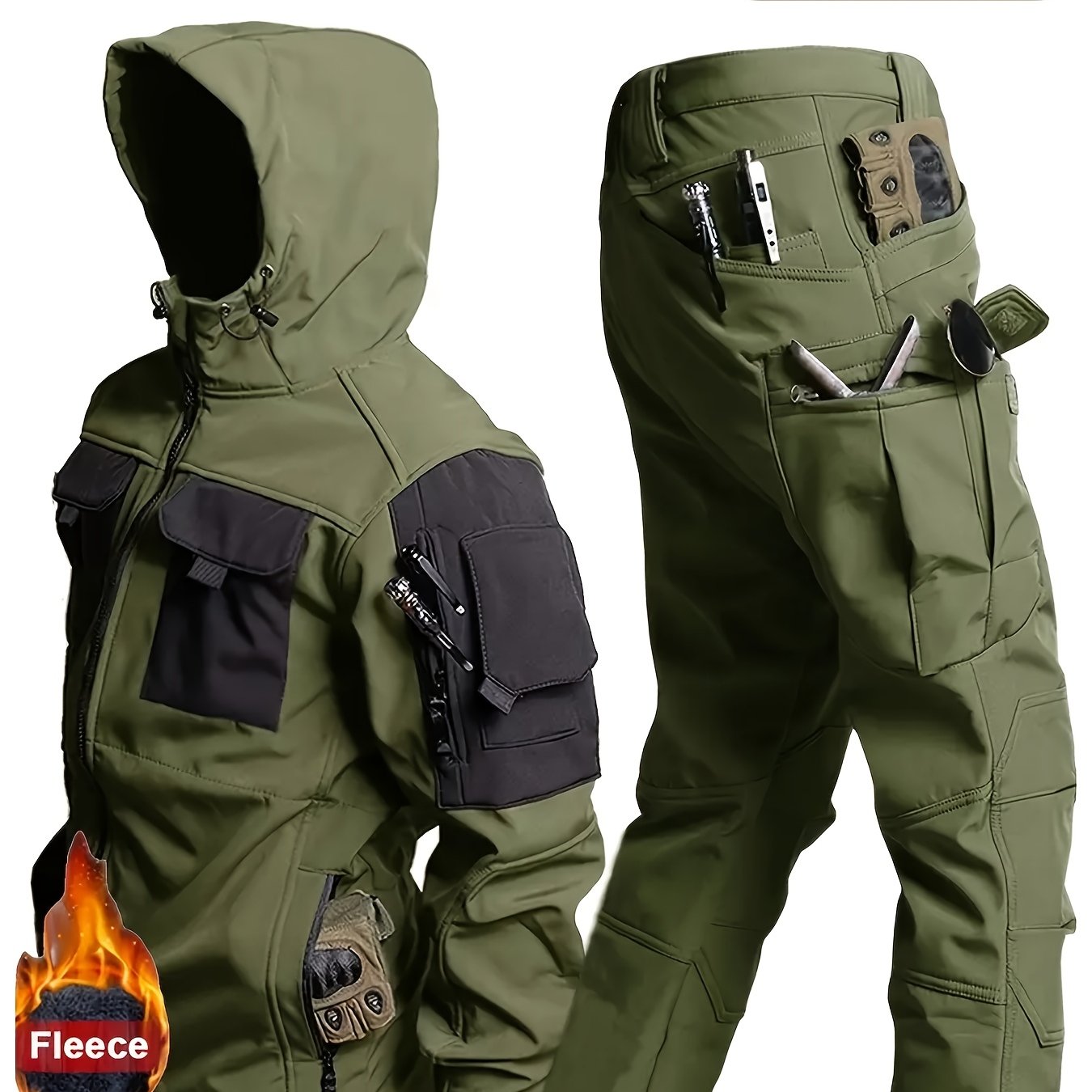 Men's Outdoor Softshell Jacket and Utility Pants Set for Fall Winter Breathable Windproof Fleece Hood