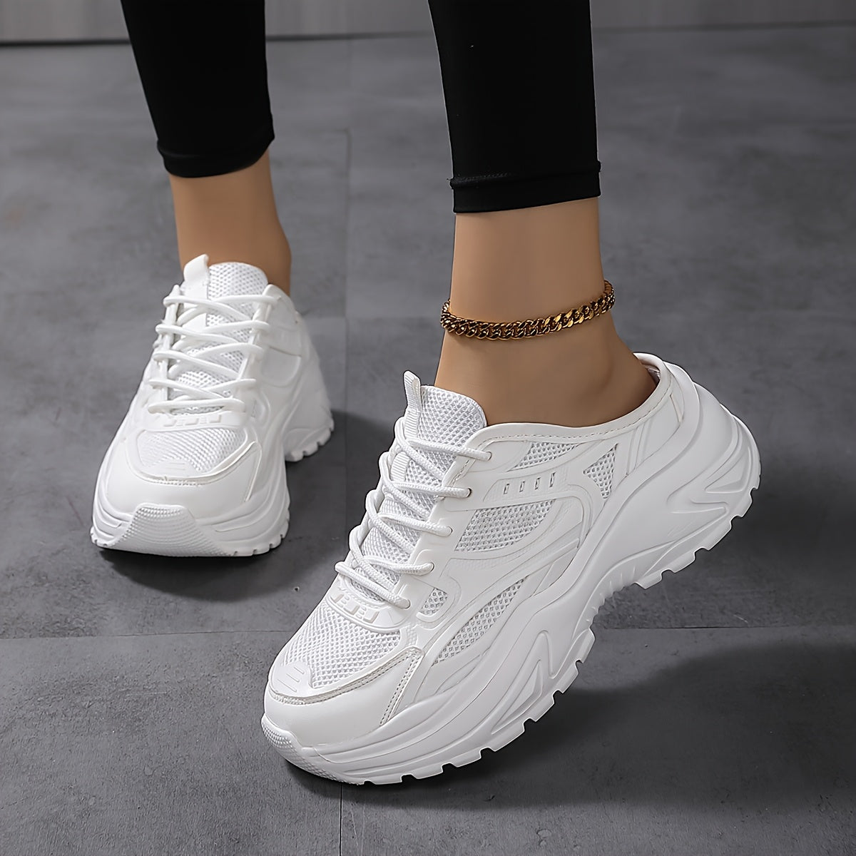 Women’s Chunky Sneakers Breathable Mesh PVC Low Top Lace-Up Shoes