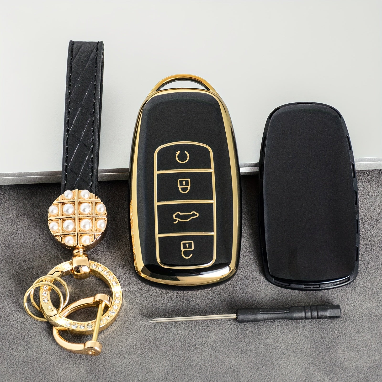 Leather Key Fob Protector with Bling Keychain for Car Key