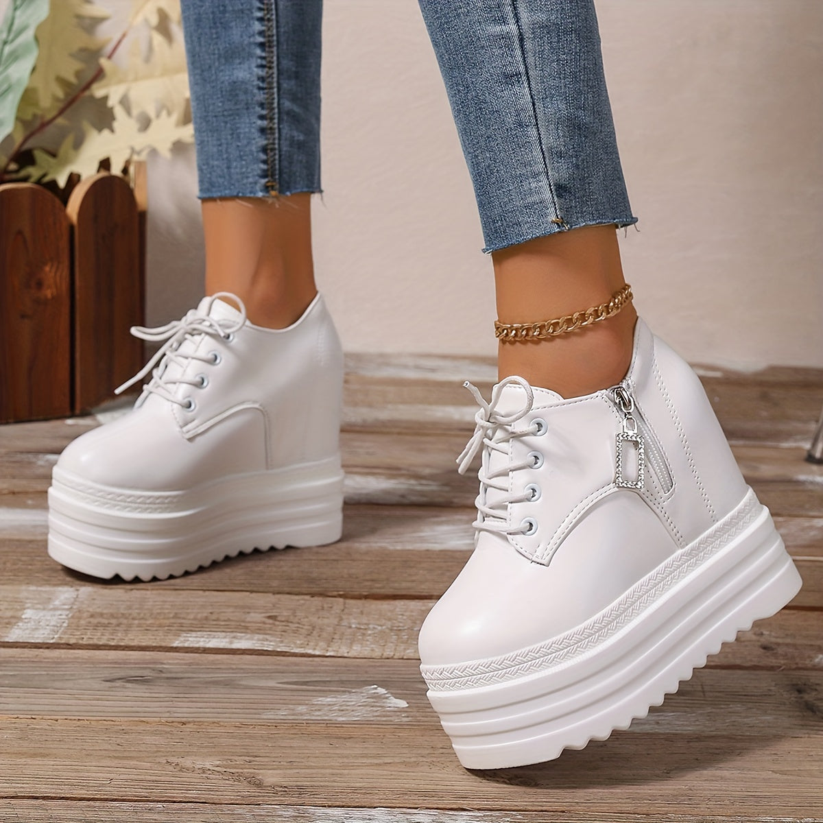 Zapatos de plataforma blancos para mujer con cremallera, suela gruesa y tacón alto