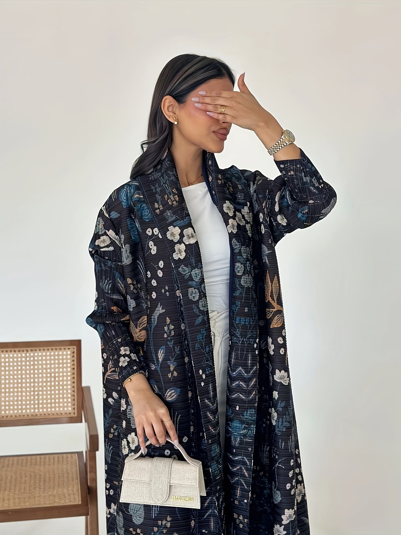 Women's Pleated Long Robe Eid Ramadan Elegant Cape Windbreaker Top for Formal and Daily Wear