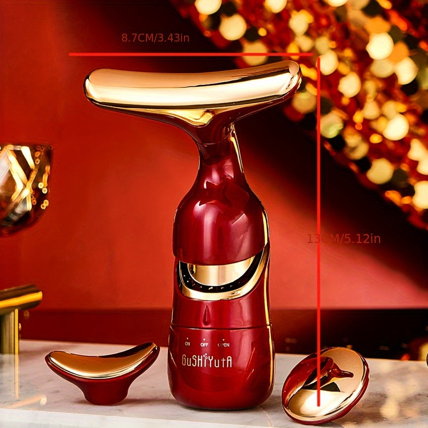 Qizil va oltin ranglarda bo'lgan, dam olish, teri parvarishi va mushaklarni rag'batlantirish uchun ko'p funksiyali yuz, ko'z va bo'yin massaj qiluvchi.