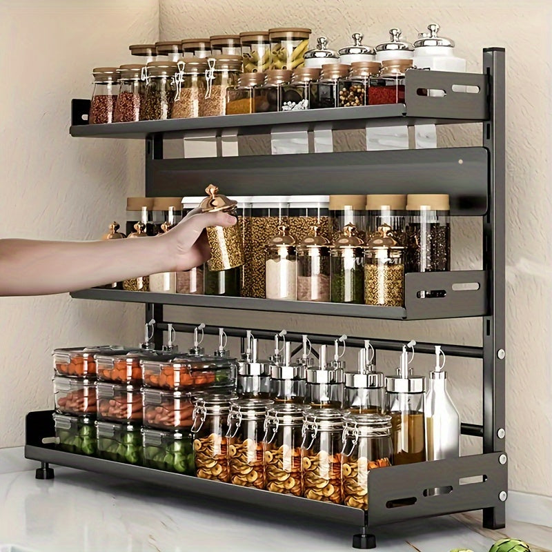 Kitchen Organizer Carbon Steel Countertop Storage Rack with Knife Holder and Adjustable Shelves