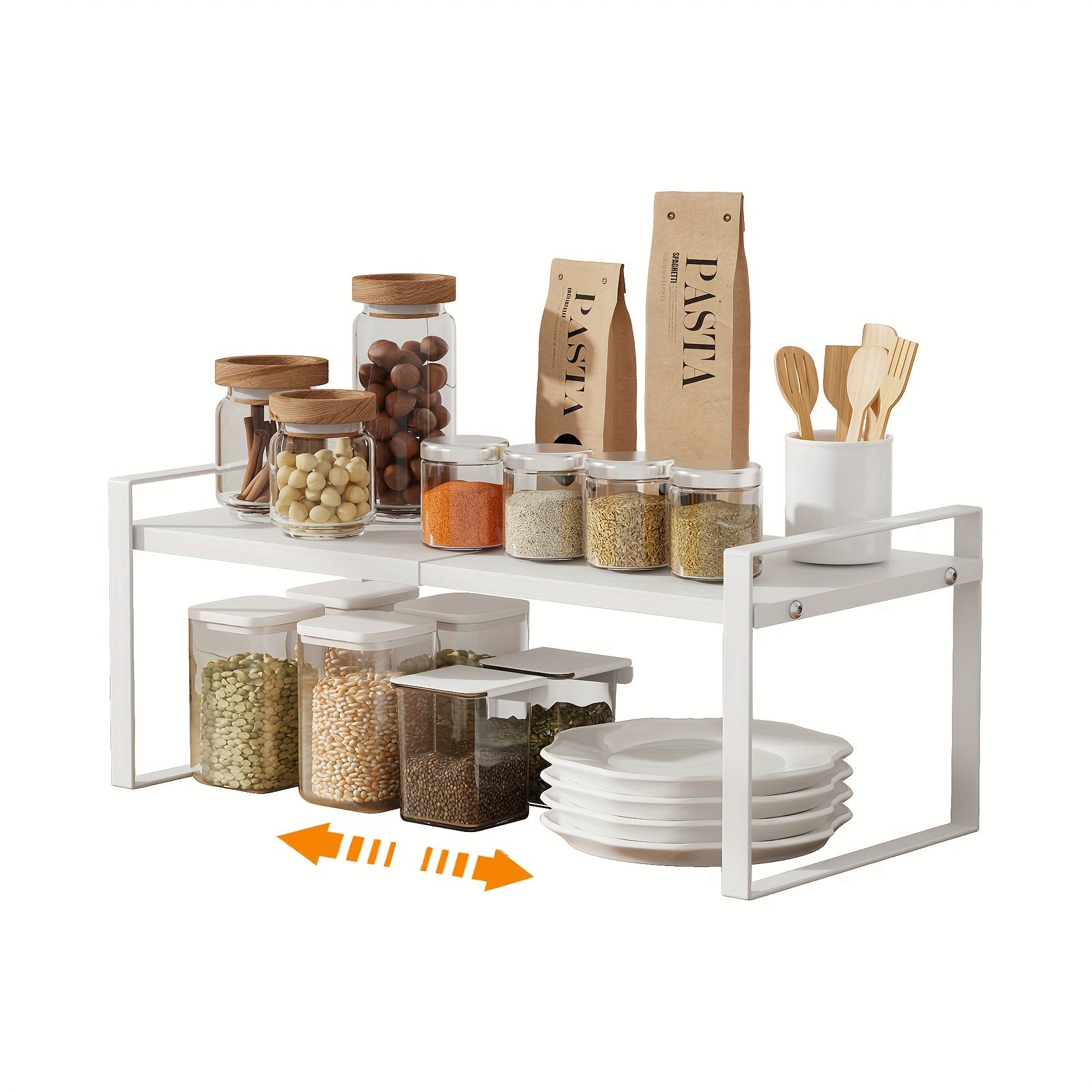 Kichik oshxona ombori uchun 2-qavatli qora metall kengaytiriladigan saqlash tashkilotchisi polka