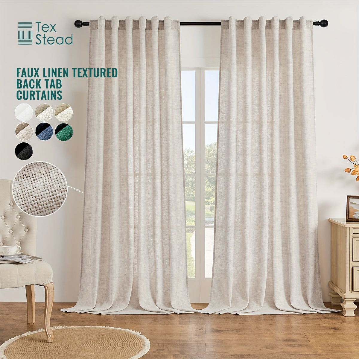 Set of Two Faux Linen Textured Semi-Sheer Curtains for Living Room or Bedroom