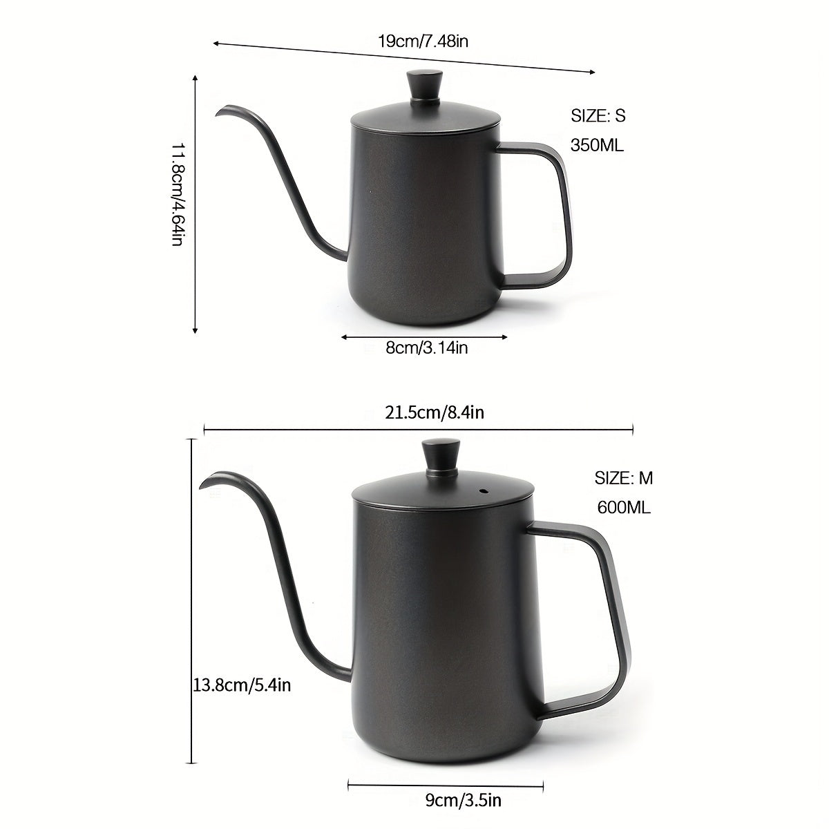 Cafetera Black Hand-Brew de acero inoxidable con tapa y boquilla delgada