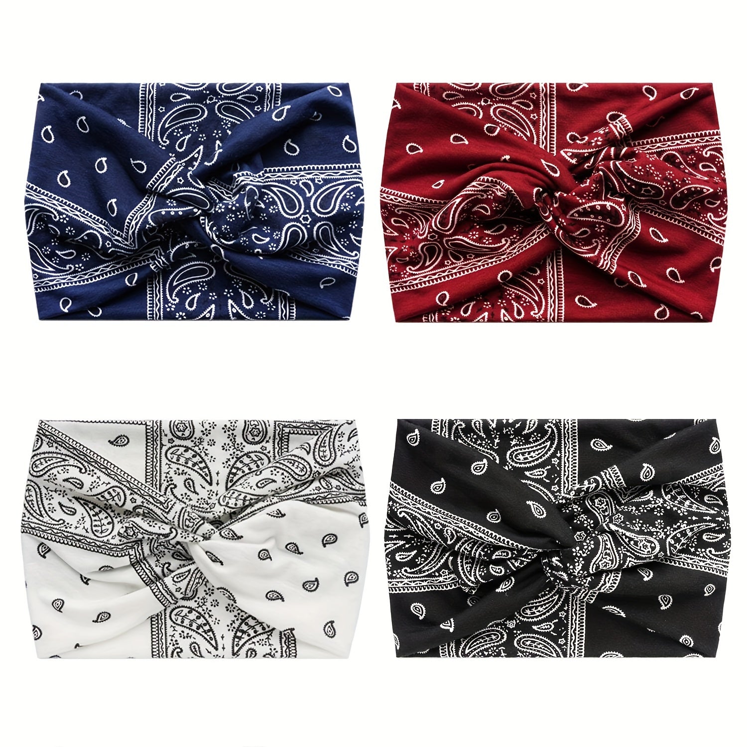 Set of 4 Vintage Printed Wide Brim Head Bands with Elastic Knotted Hair Hoops for Women