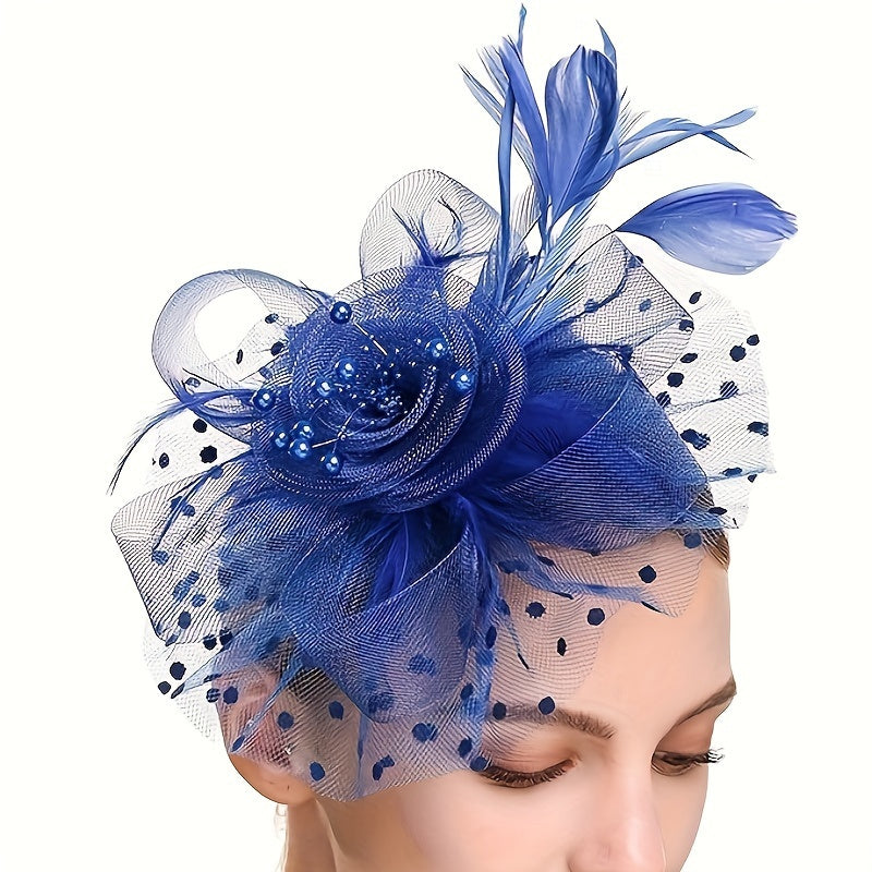 Black Yarn Pillbox Fascinator Hat with Mesh Veil and Fiber Feather for Women