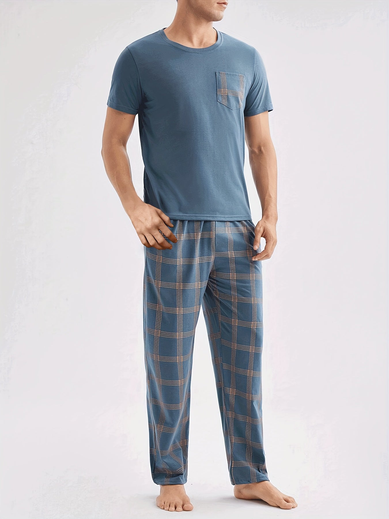 Men's Casual Blue Short Sleeve Top and Plaid Long Pants Loungewear Set Polyester