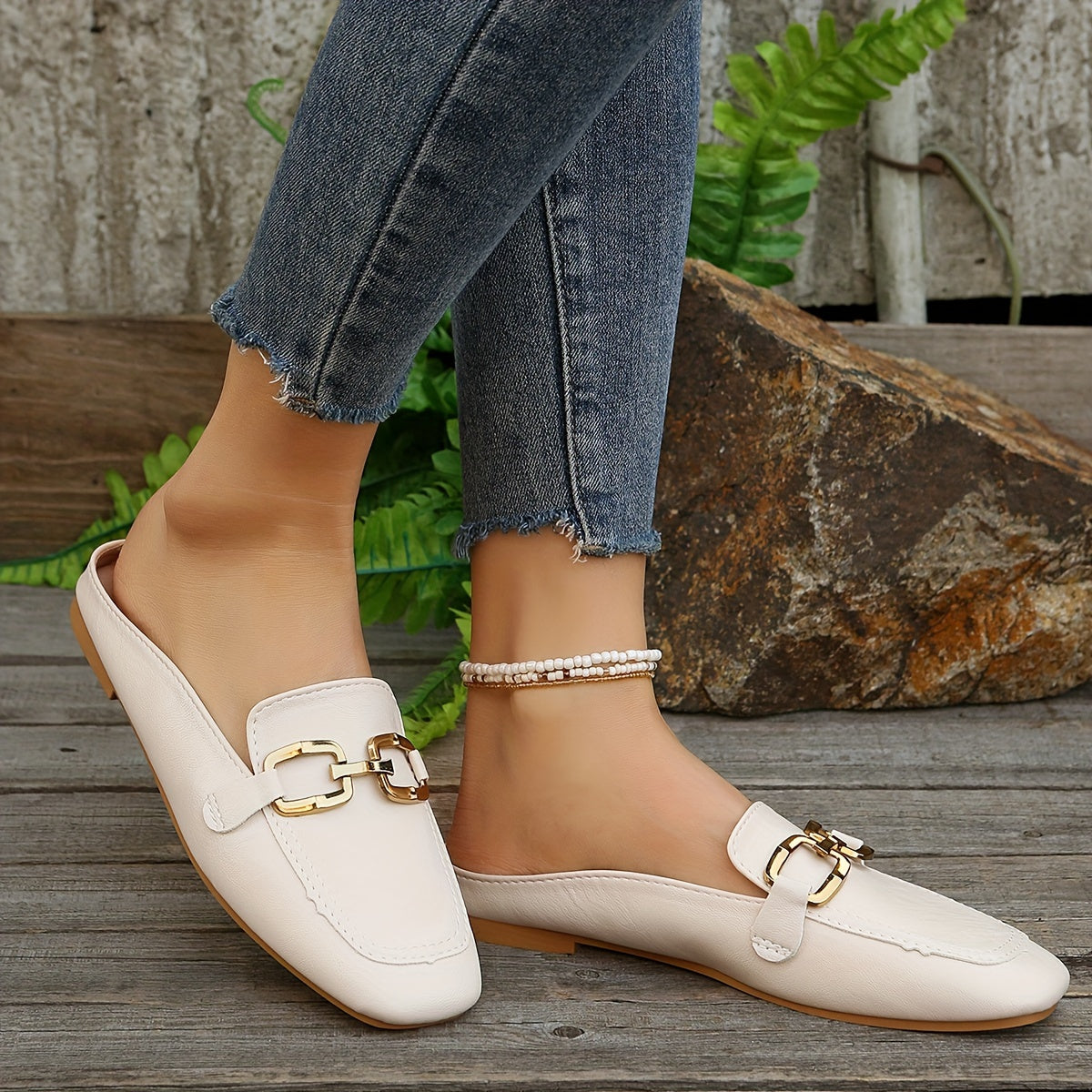 Women's Flat Mules Square Toe Metallic Buckle Slip-On Backless Outdoor Shoes