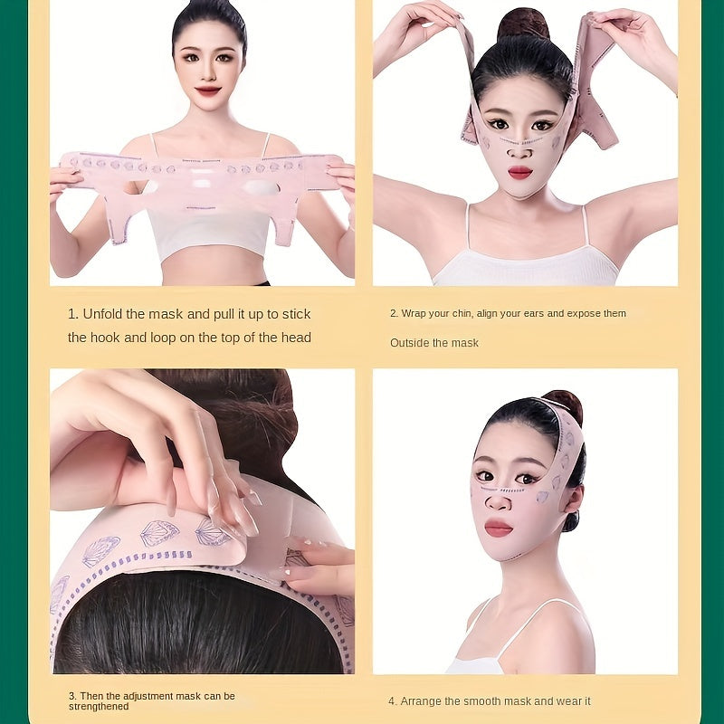 Yuzni ko'taruvchi tasma ayollarda ikki chinni kamaytiradi, osilgan V yuzlarini elastik, nafas oladigan material bilan ko'taradi.