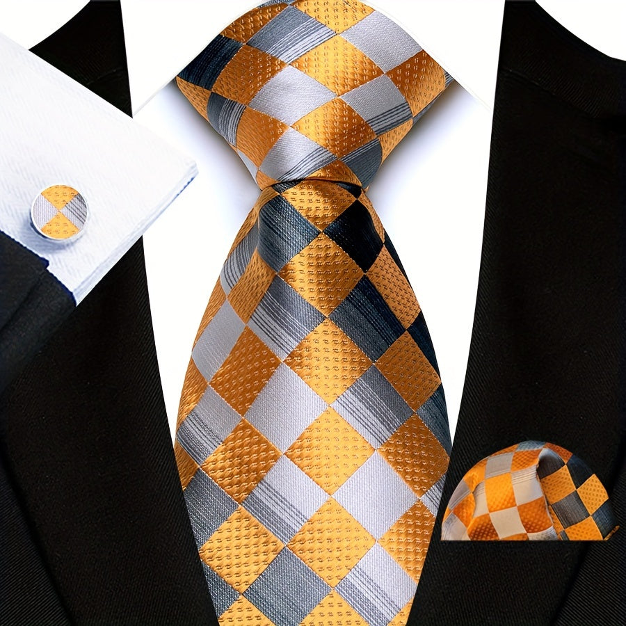 Men's Plaid Pattern Tie Pocket Scarf Cuff Set for Suits Gift