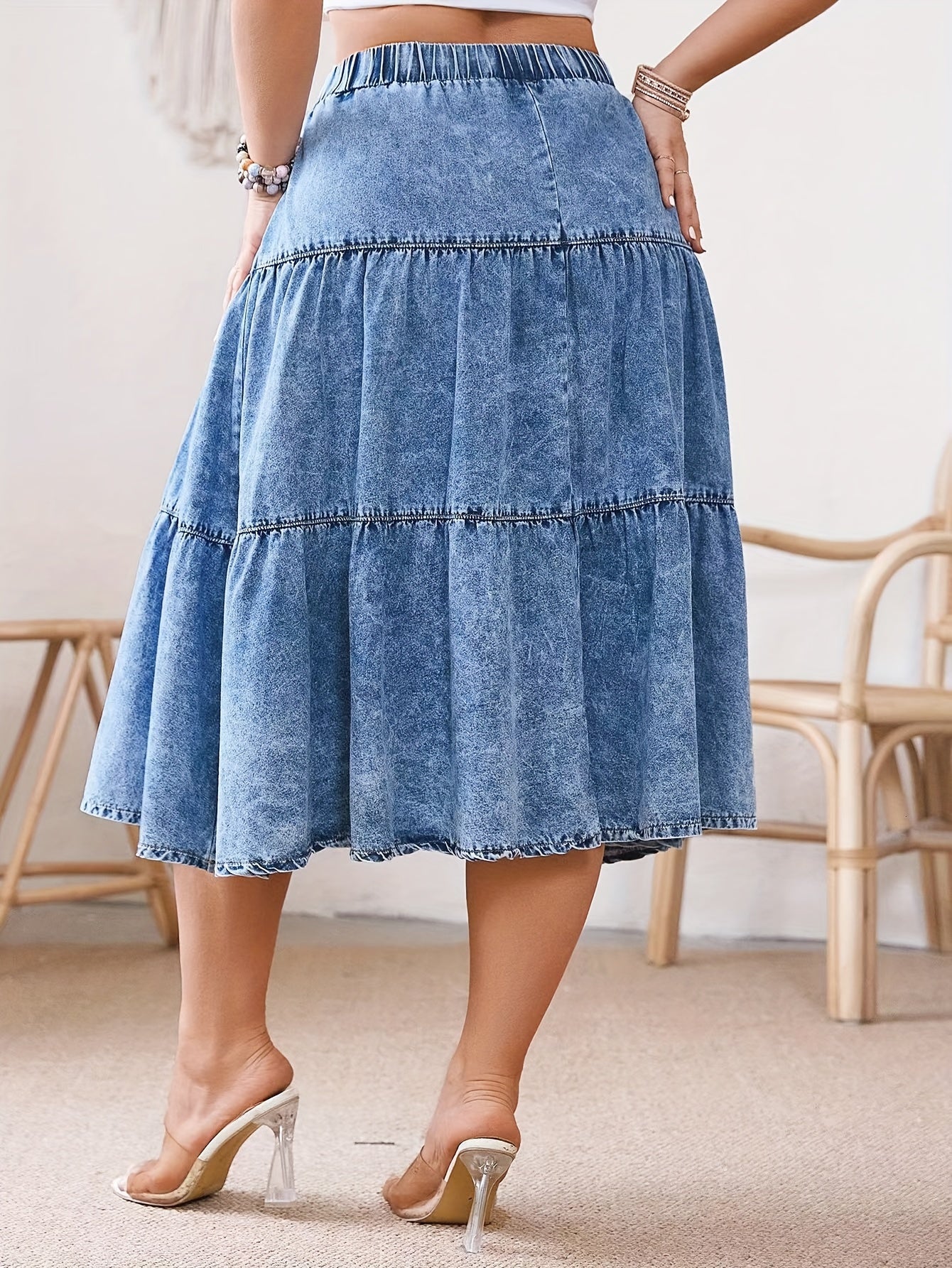 Women's Plus Size Denim Midi Skirt Tiered Ruffle A-line Blue Summer