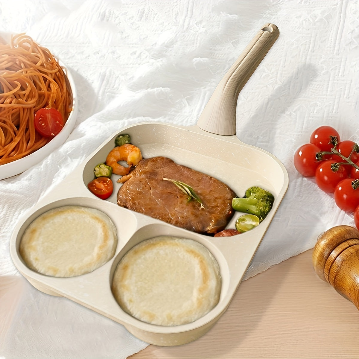 3-Section Non-Stick Aluminum Frying Pan for Breakfast Steak and Toast