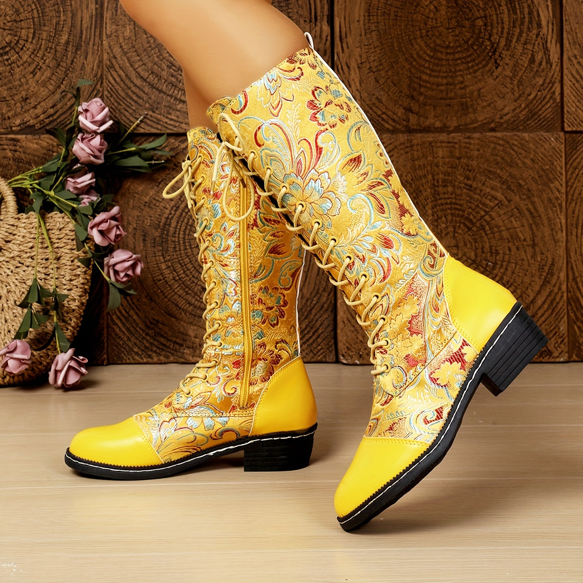 Women's Embroidered Combat Boots All-Season Knee-High Block Heel Rubber Sole