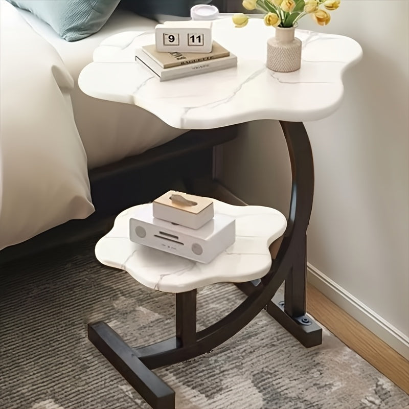 Mesa lateral en forma de pétalo de madera y metal, estilo art déco, doble capa, para sala de estar y dormitorio