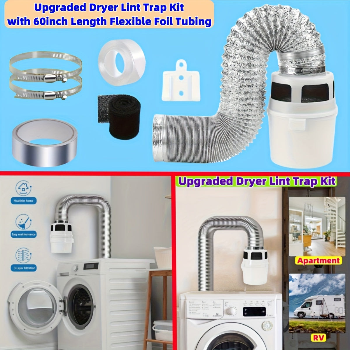 60-Inch PVC Dryer Vent Kit with Lint Trap and Filter Sponge