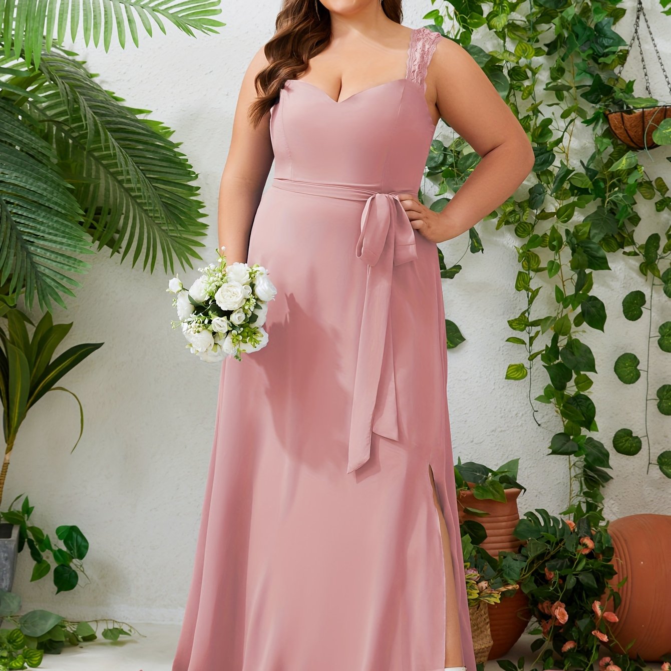 Plus Size Women Lace Evening Prom Dress Formal Gown with High Slit