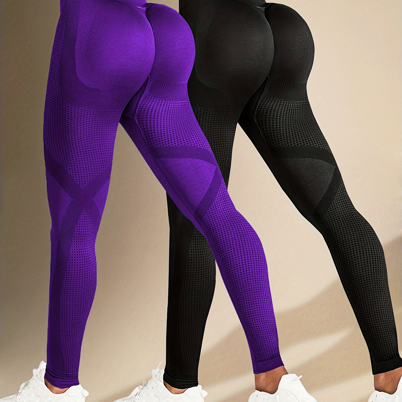 Women's High-Elasticity Pleated Yoga Leggings with Abdominal Control in Solid Colors