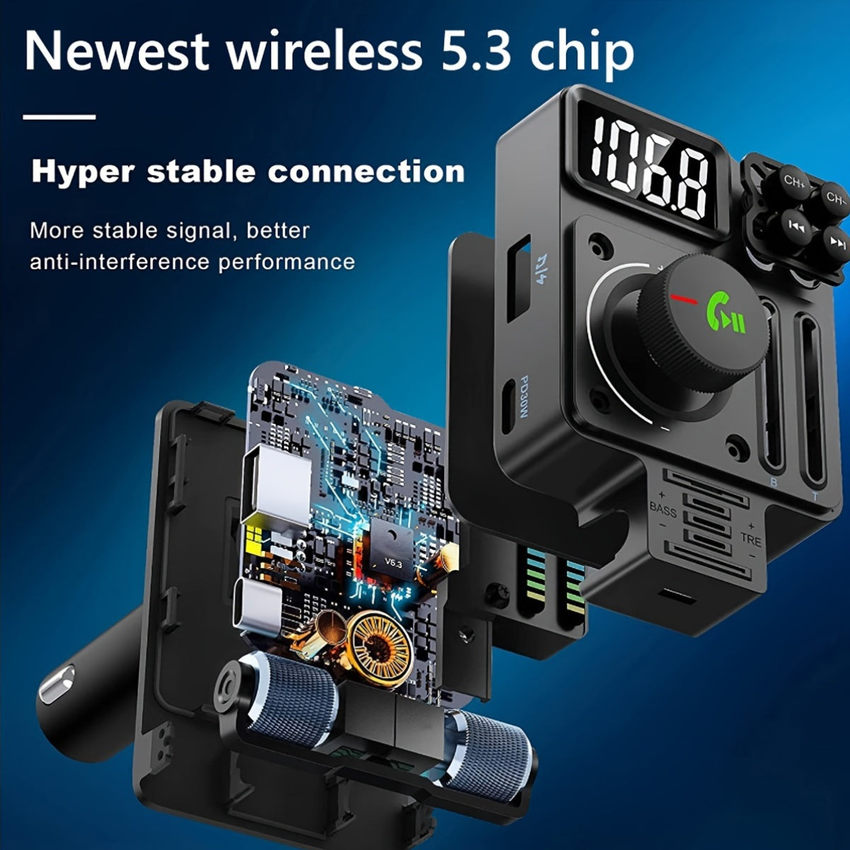 Wireless FM Transmitter for Car, Adjustable Treble and Bass, 30W Fast Charging