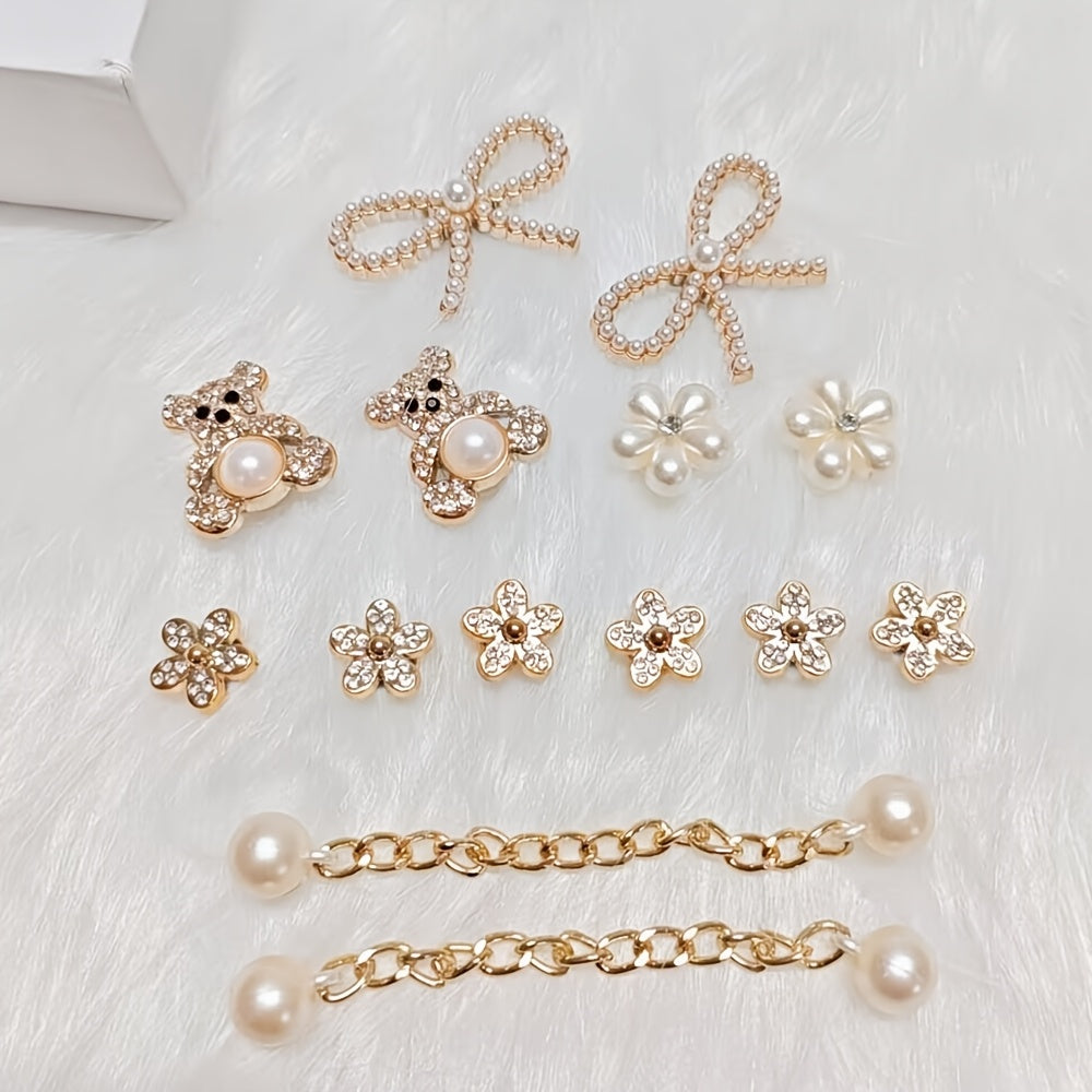 Unisex Pearl and Crystal Shoe Charm Set Detachable Accessories for Sandals