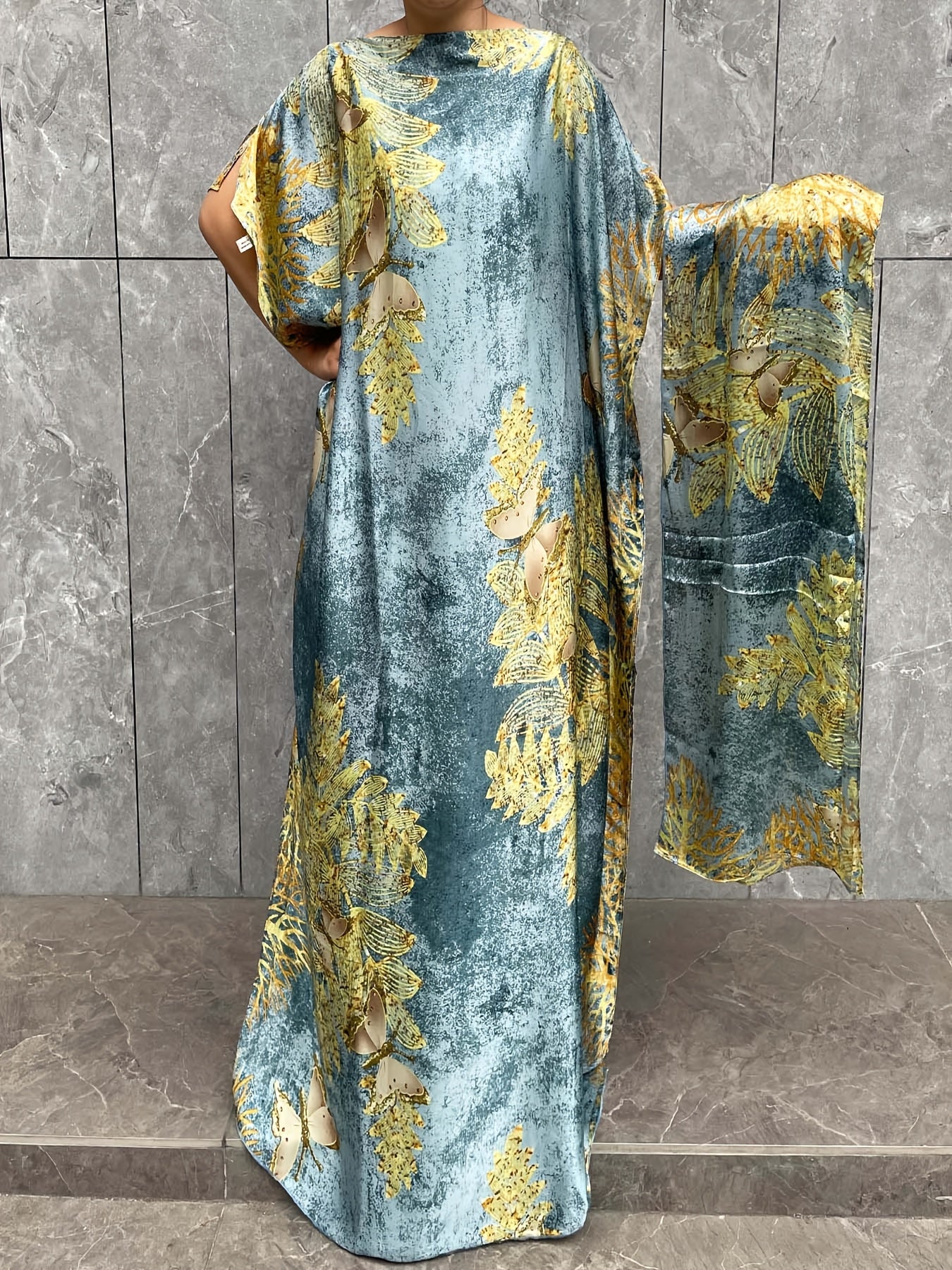 Plus Size Floral Print Tunic Dress With Scarf Polyester Crew Neck Batwing Sleeve