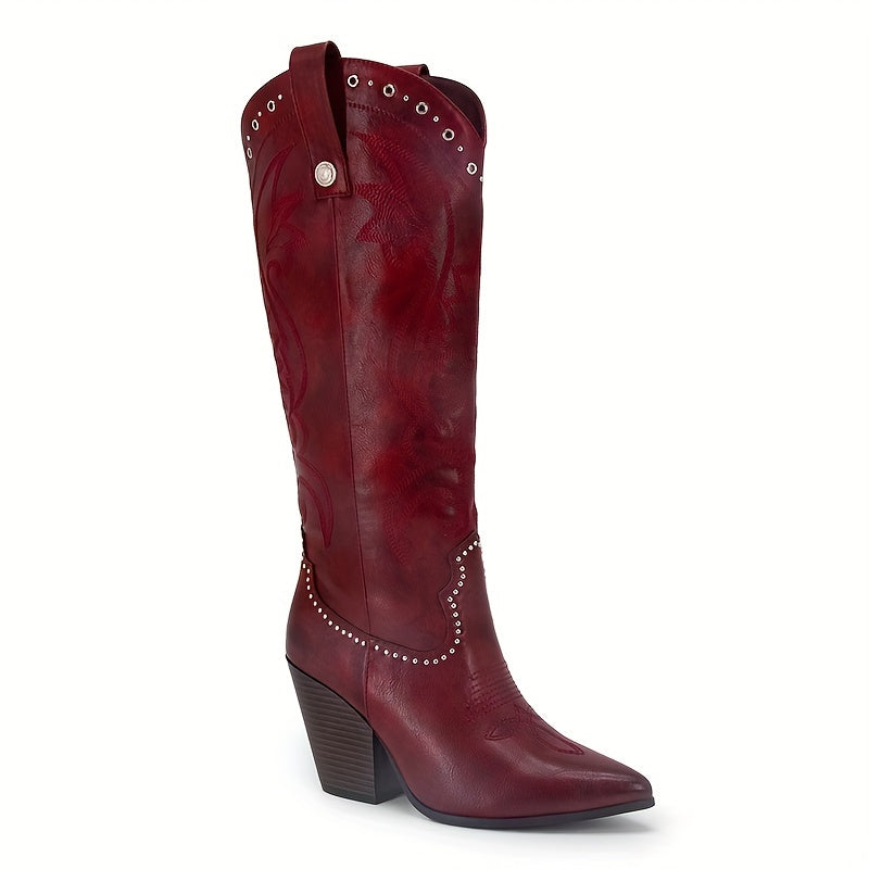 Women's Western Cowgirl Boots Red Knee-High Zipper Chunky Heel Pointed Toe
