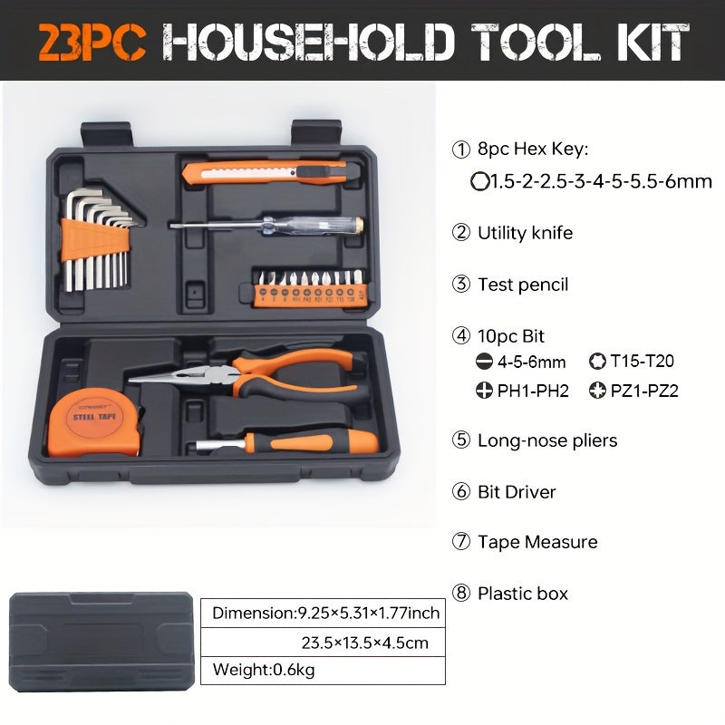 23-Piece Home Repair Tool Kit with Orange Carbon Steel Tools and Plastic Storage Case