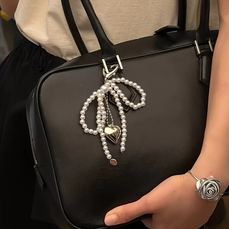 Large Heart-Shaped Metal Pendant with Pearl Bow for Women Girls Mobile Phone Camera Bag Keychain